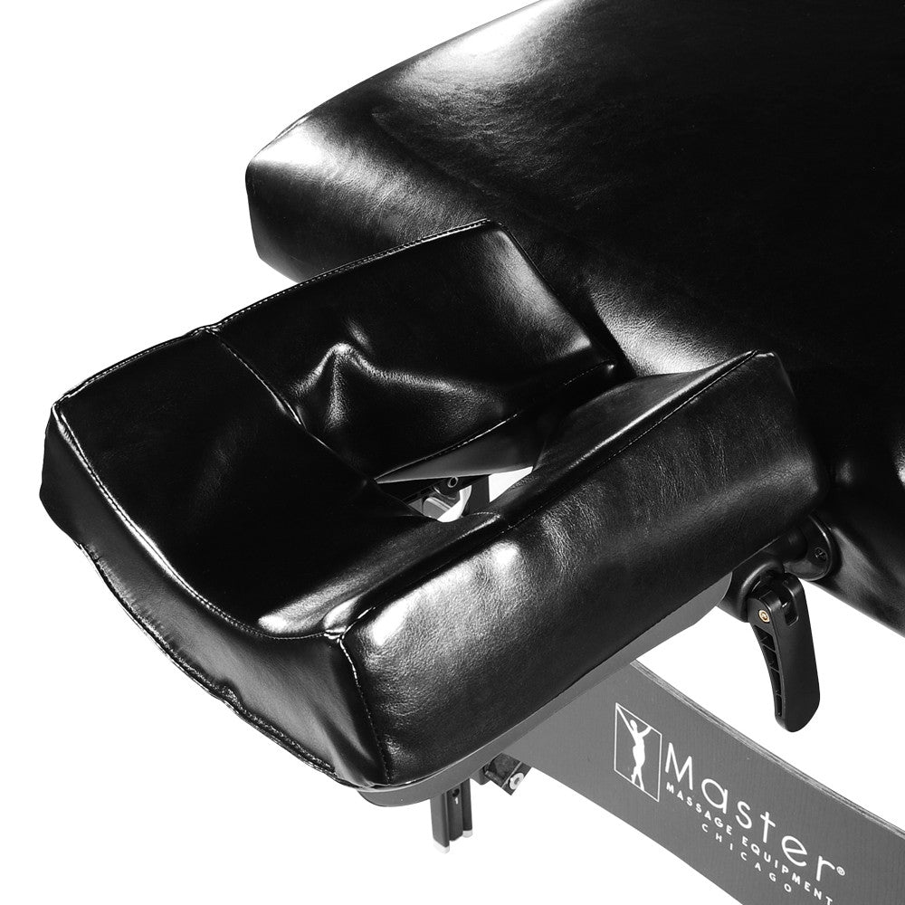 Close-up of a Master Massage MONTCLAIR face cradle in black leather with memory foam.