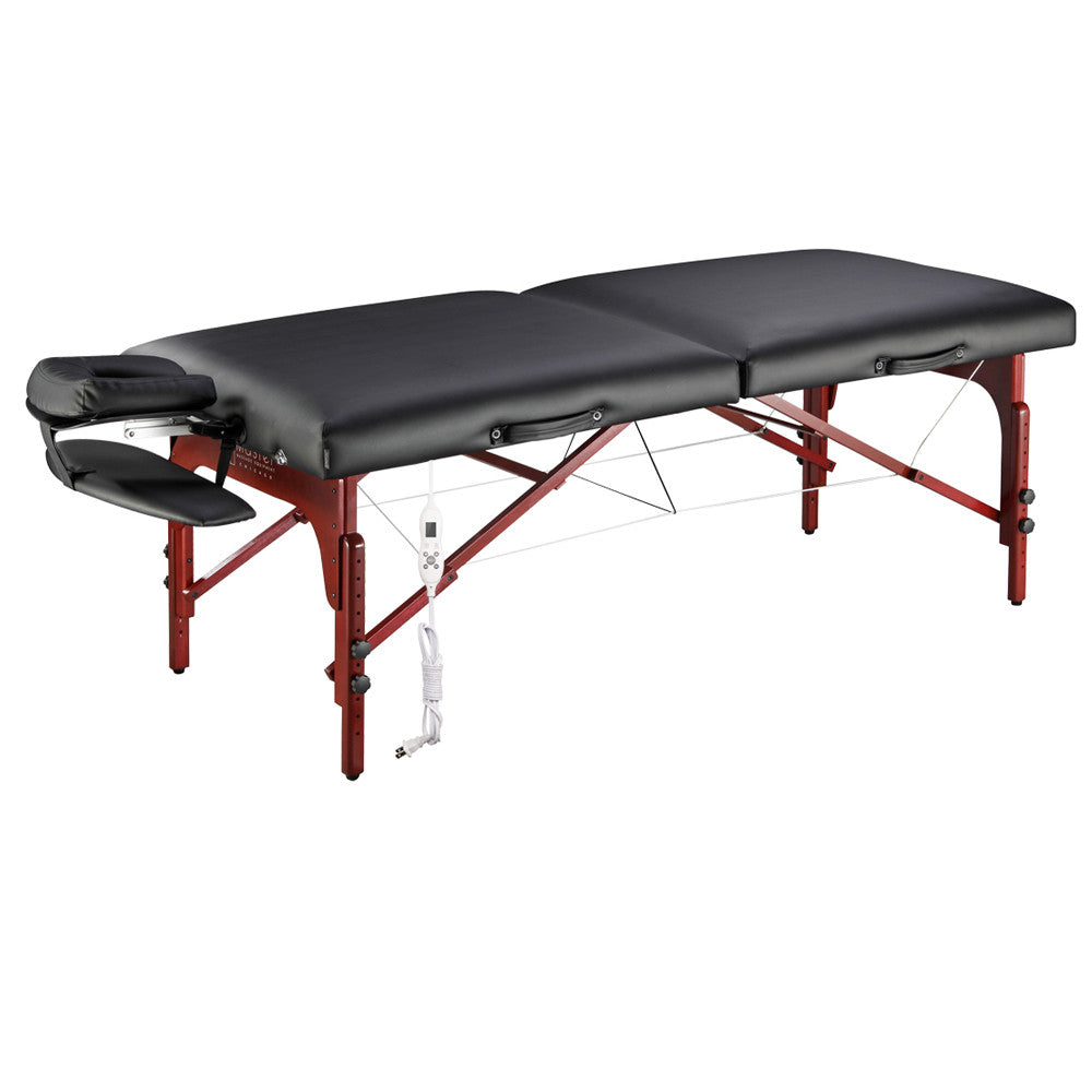 Master Massage MONTCLAIR Therma-Top portable table with red wood legs & face cradle.