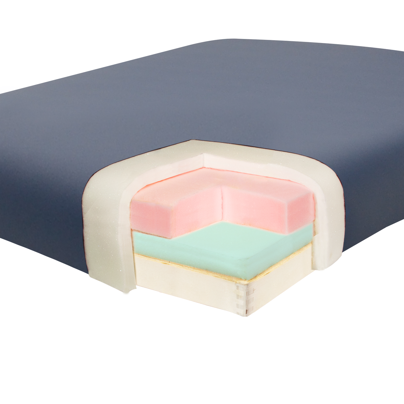 Cross-section of Master Massage Montclair Pro LX table with colored layers beneath blue cover.