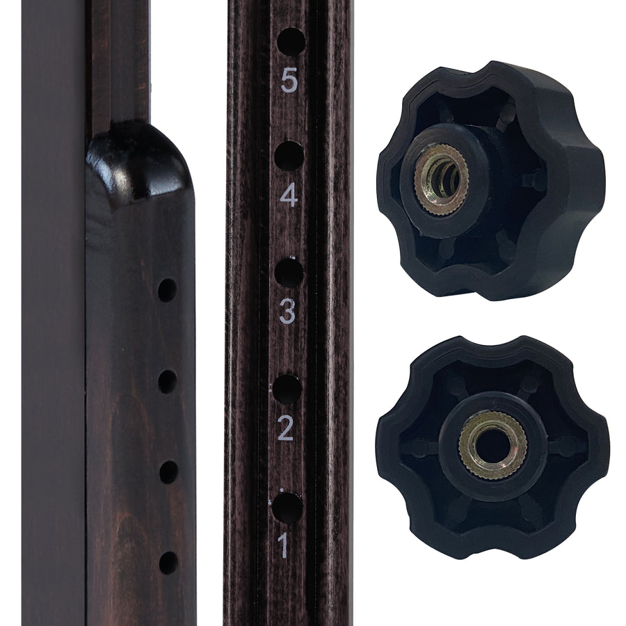 Close-up of Master Massage MONTOUR table’s adjustable wooden frame and black knobs.
