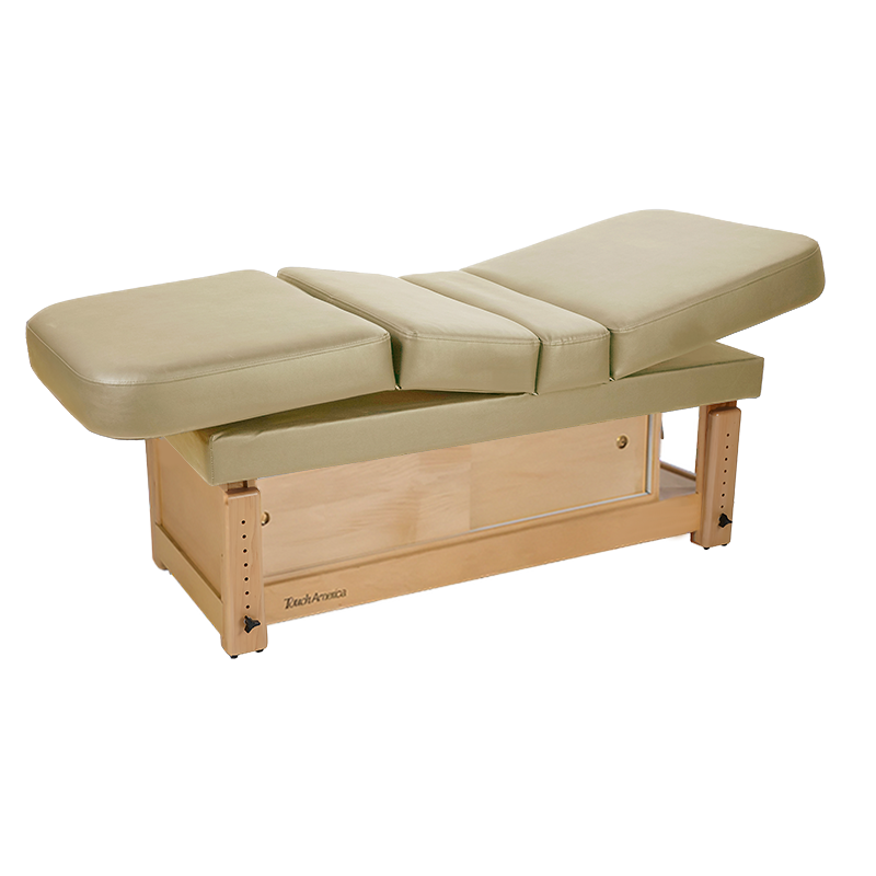 TouchAmerica STATIONARY MULTIPRO beige treatment table with wooden base on white background.