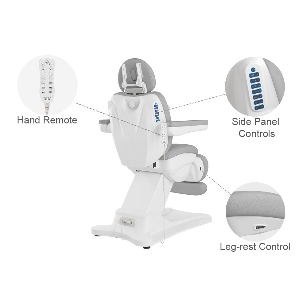 NuvoSpa Examination Table DIR with three callout circles and labels: a hand remote, side panel controls, and leg-rest control.