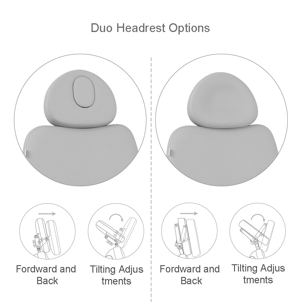 A product options diagram titled 'Duo Headrest Options' showing two gray headrest configurations with adjustment icons below for forward and tilt adjustments.