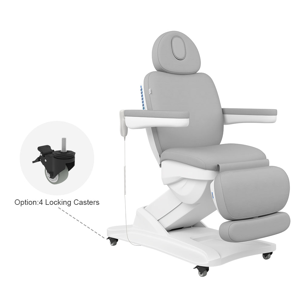 Gray patient chair with adjustable armrests and headrest on a white background, featuring locking casters.