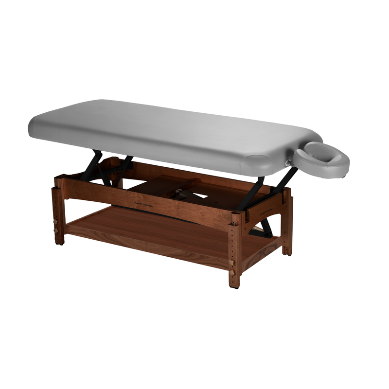 TouchAmerica OLYMPUS FLAT electric lift table, gray cushion, wood base, adjustable face cradle.