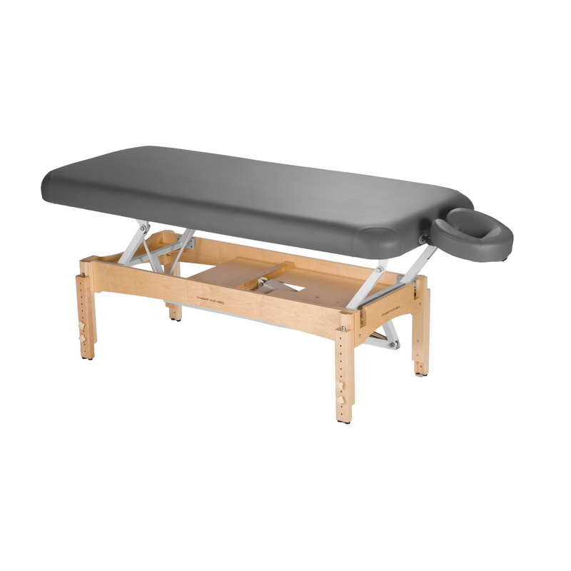 TouchAmerica OLYMPUS FLAT electric lift table, black, ADA compliant with adjustable face cradle.
