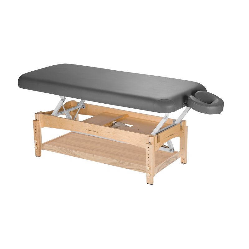 TouchAmerica OLYMPUS FLAT ADA massage table, gray pad, face cradle, wood frame.