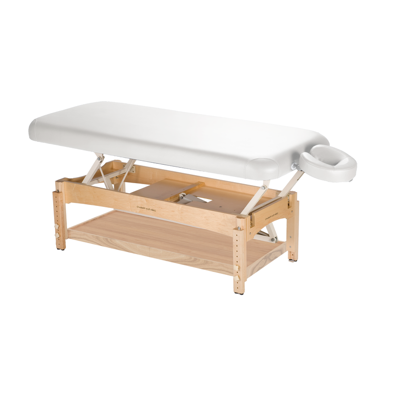 TouchAmerica OLYMPUS FLAT Electric Lift Table with white padding, face cradle, smooth height control.