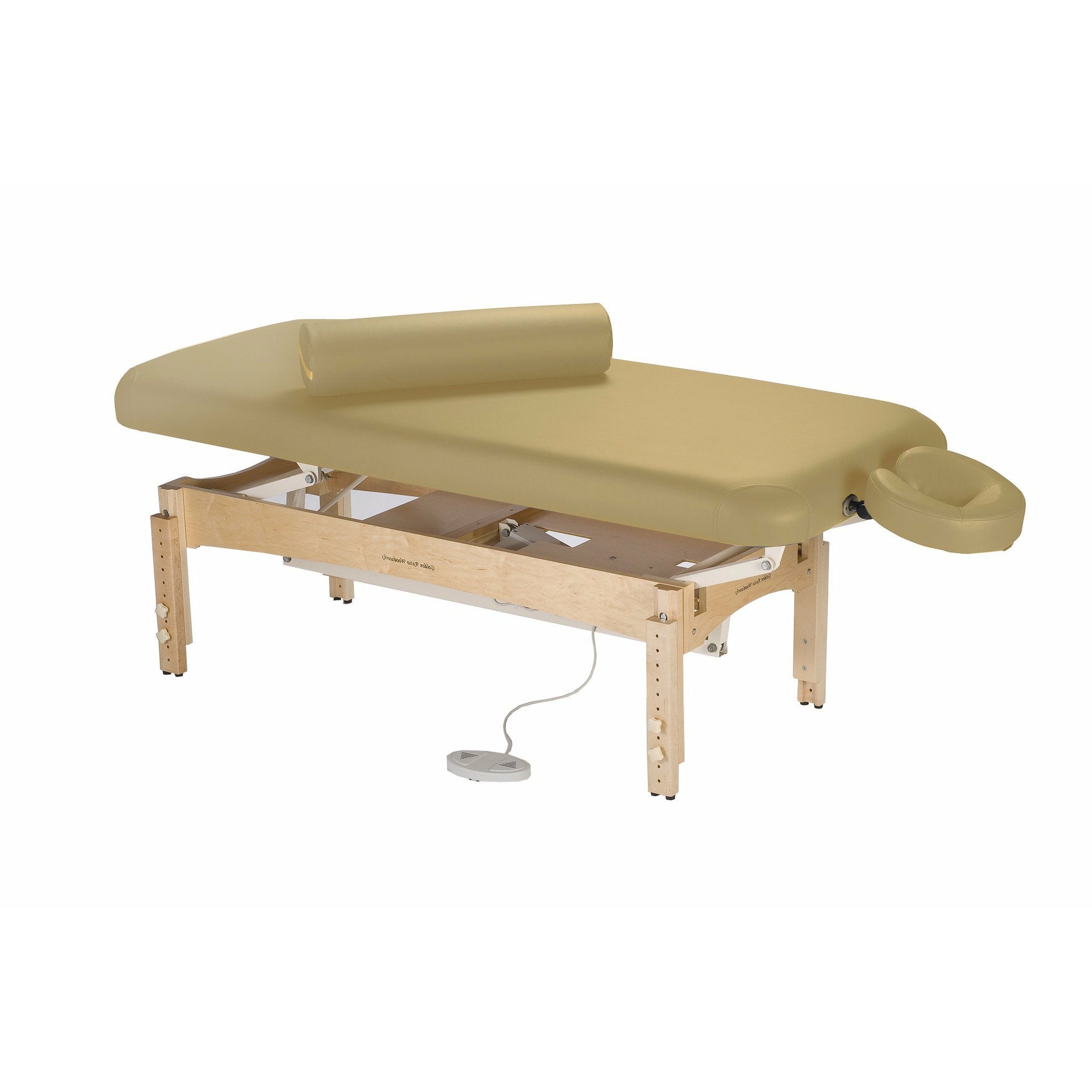TouchAmerica OLYMPUS FLAT ADA table with tan padding, bolster, headrest, electric lift.