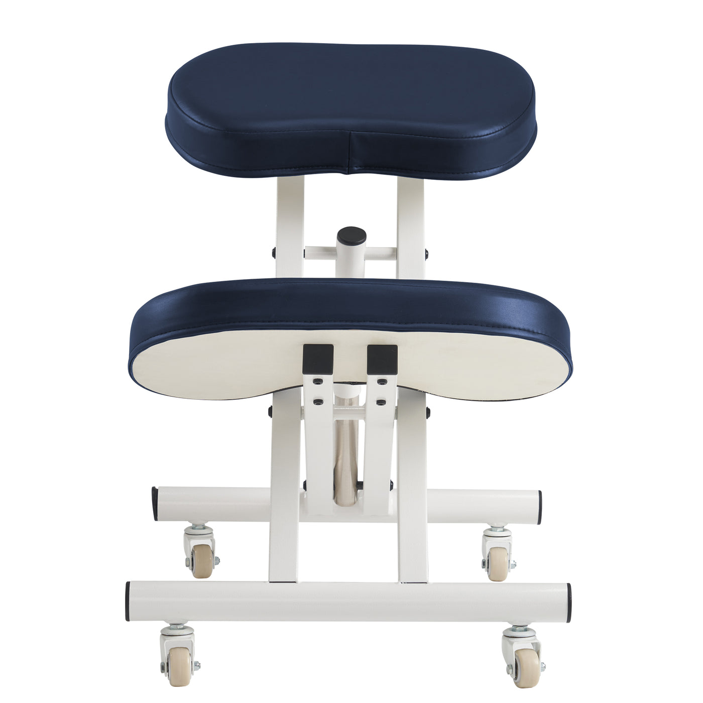Adjustable height stool with royal blue seat and white base on a white background