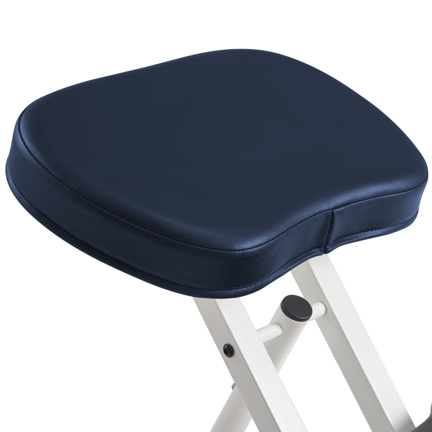 Royal blue cushion on a white stool with a white background