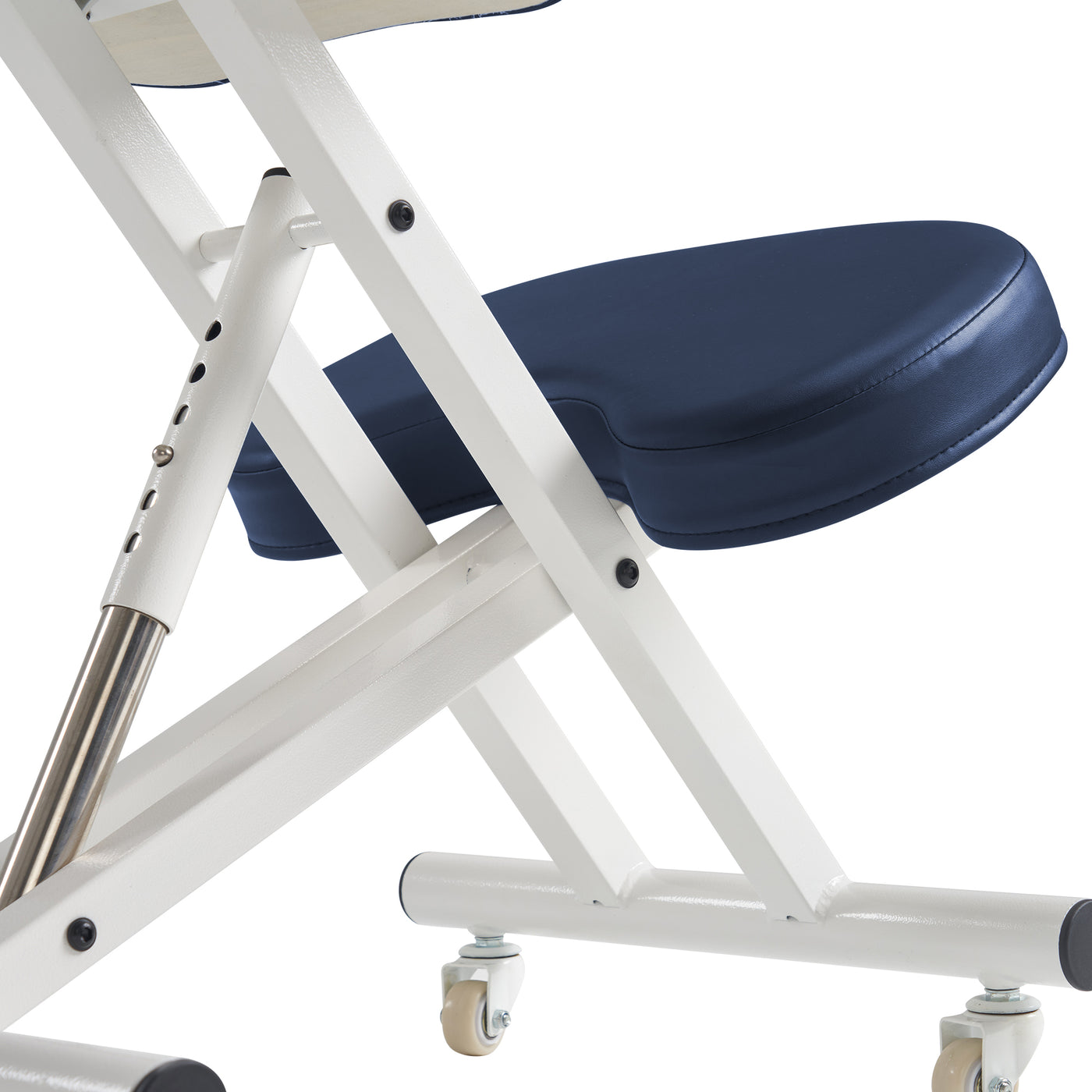 Blue seat cushion on a white massage table