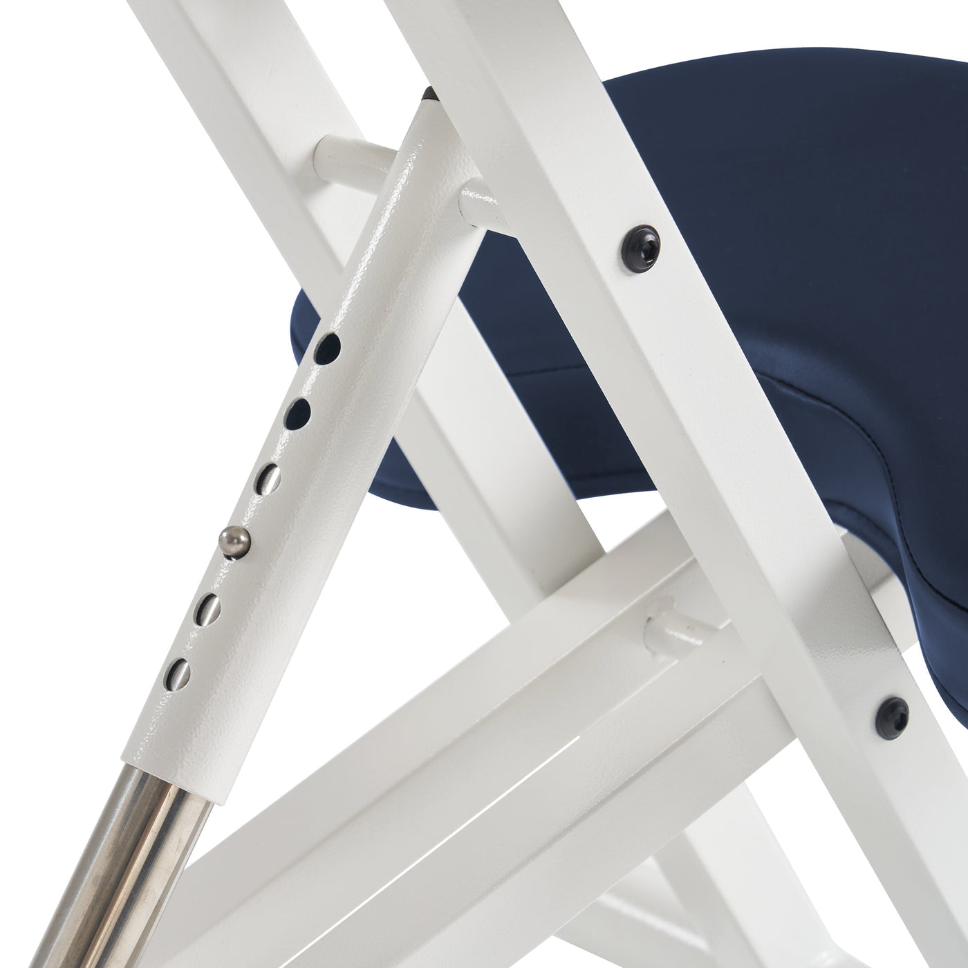 Close-up of a white folding chair with a blue seat on a white background