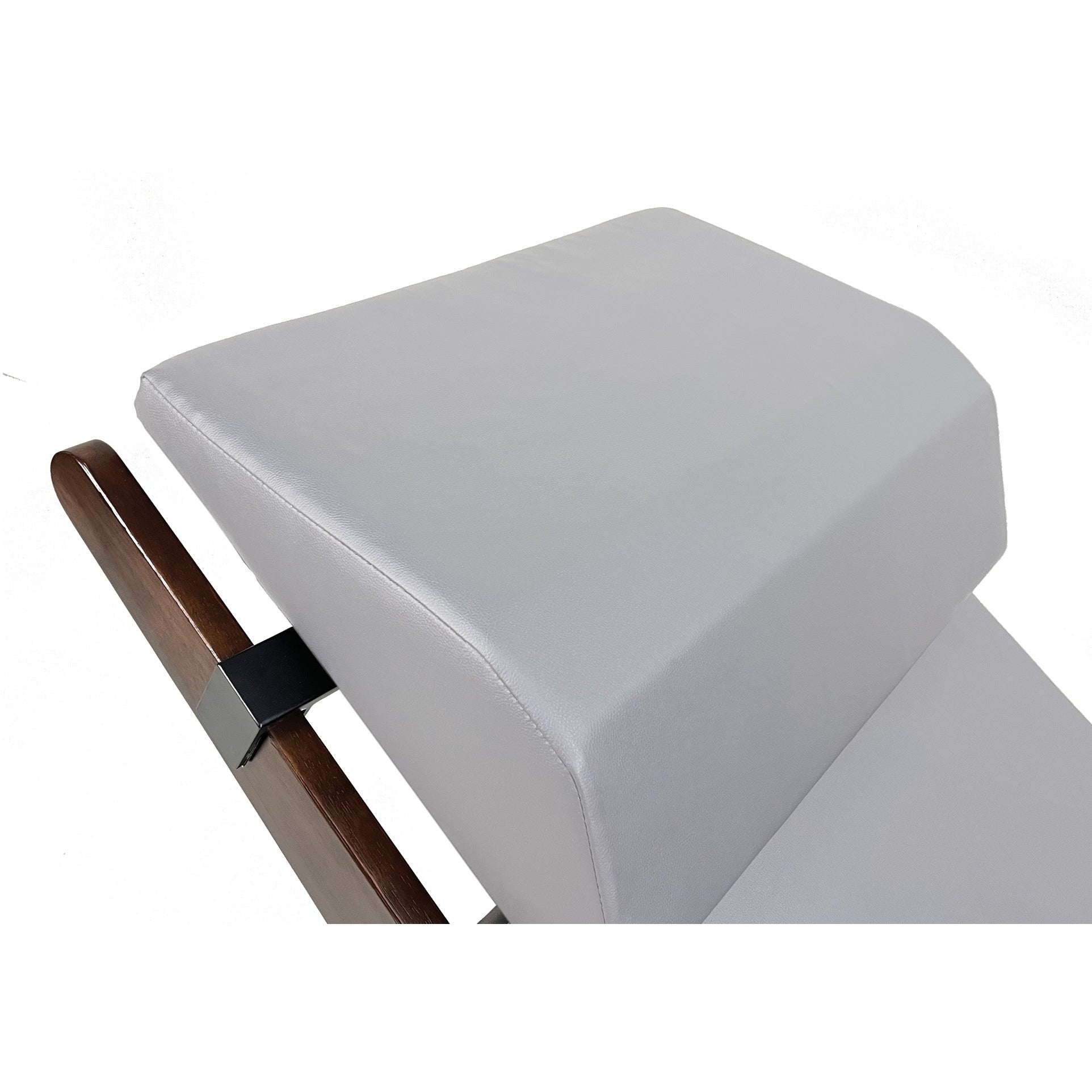 Close-up of TouchAmerica BREATH Pedi-Lounge, a modern chair with gray cushion for spa relaxation.