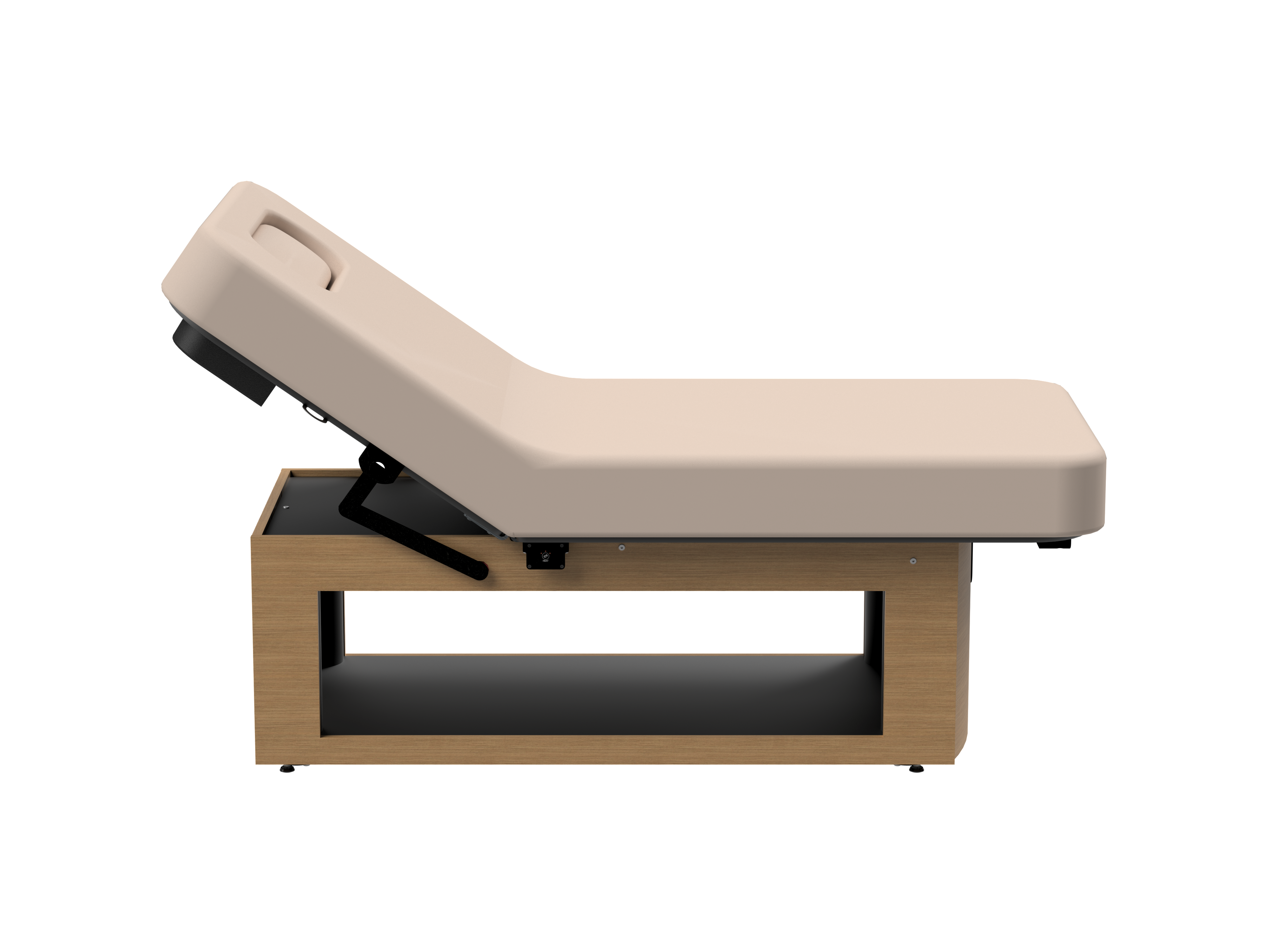 Oakworks Prema E-nvi Electric Spa Table in beige with wooden base, shown reclined.