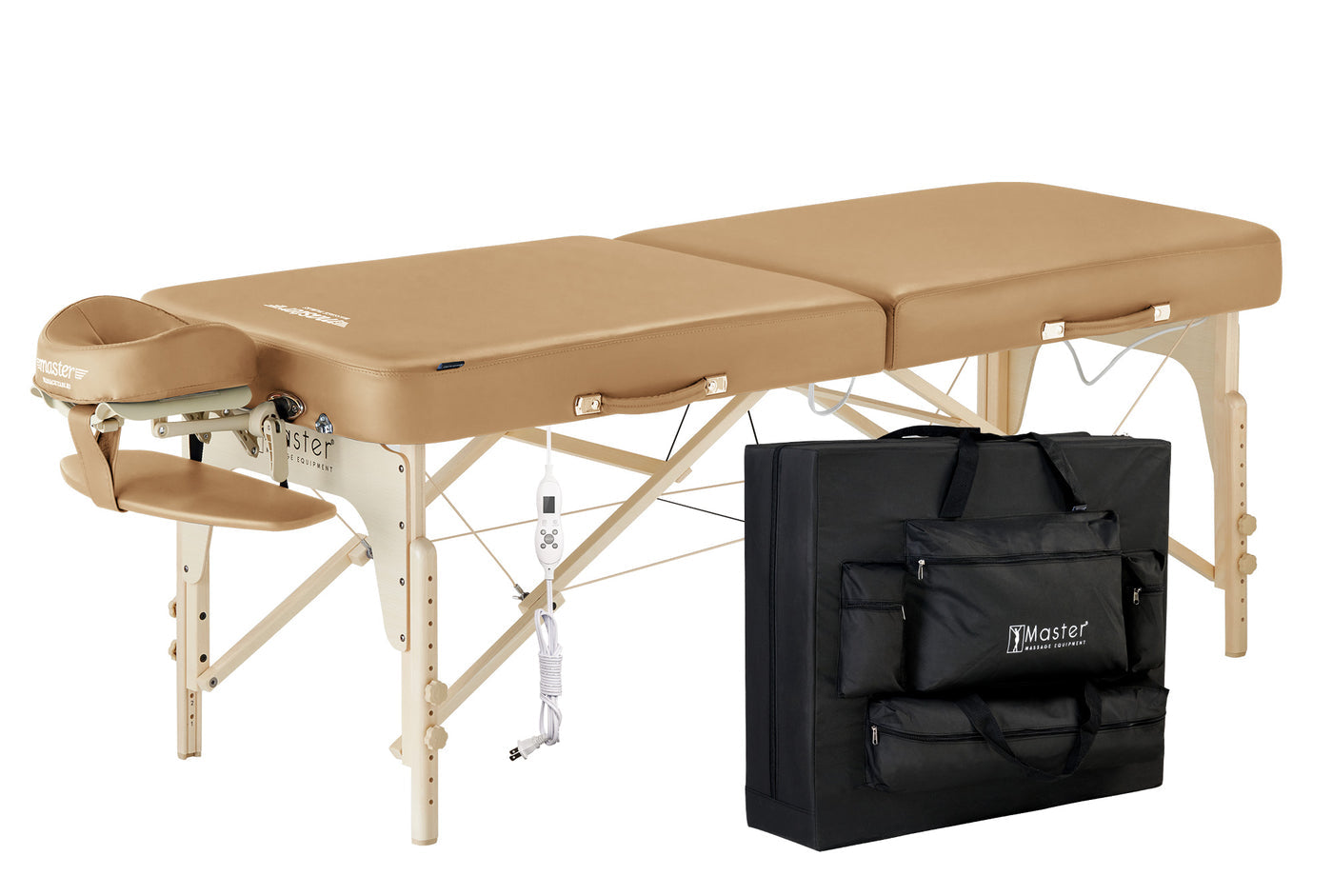 Master Massage PHOENIX Therma-Top Table with adjustable face cradle and black carrying case.