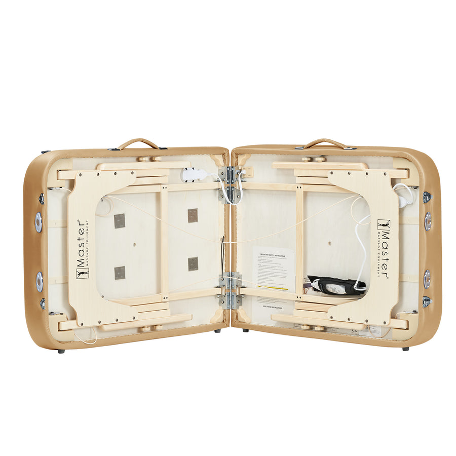 Master Massage PHOENIX Therma-Top portable table with face cradle, wood frame, and storage.