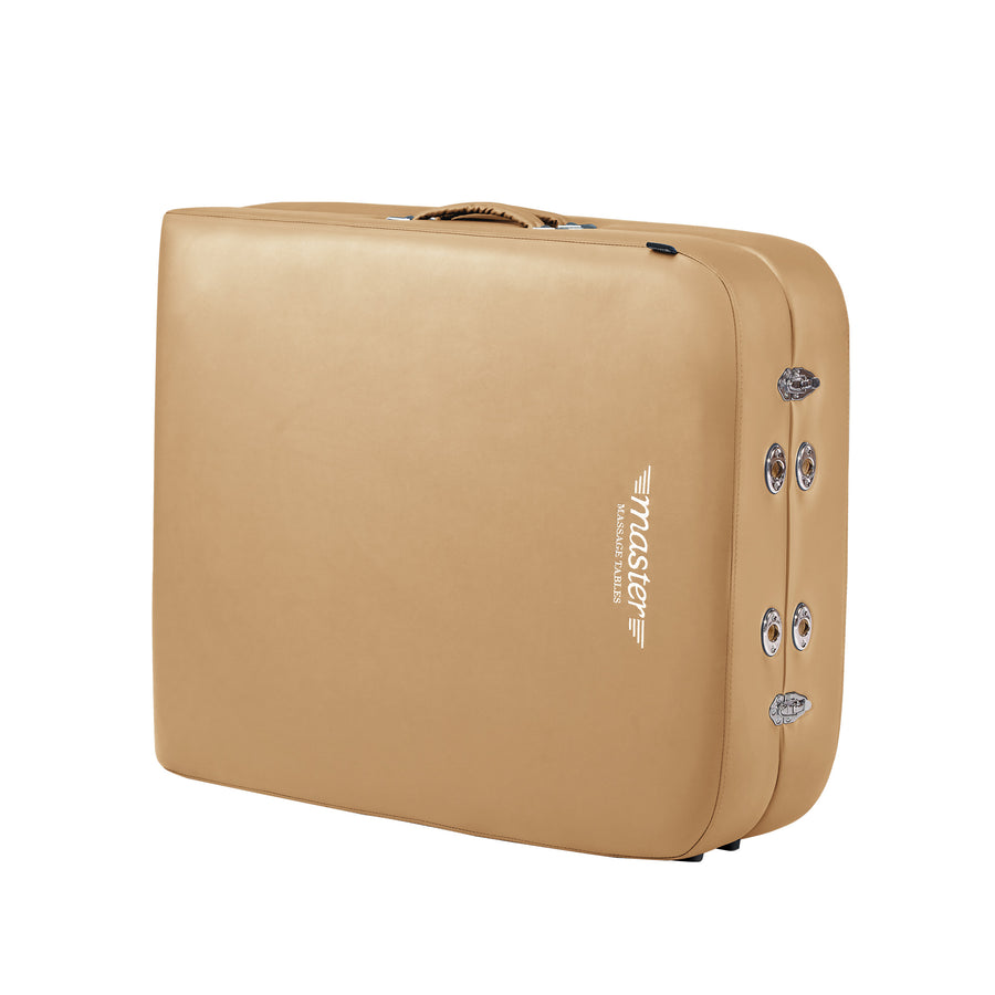 Master Massage PHOENIX Therma-Top Portable Table—tan, rectangular with handle and silver latches.