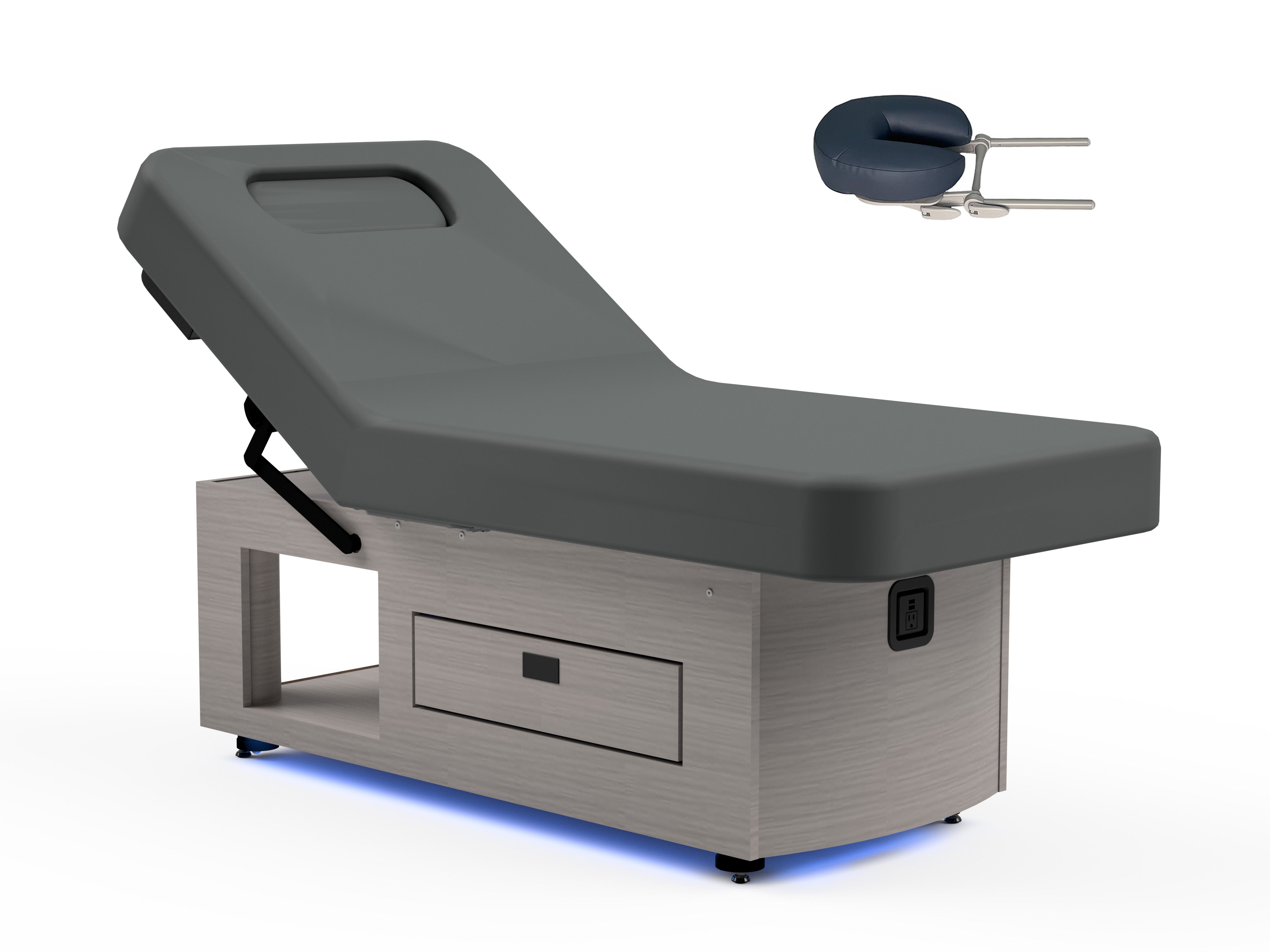 Oakworks Prema E-nvi electric spa table with gray cushion and separate headrest.