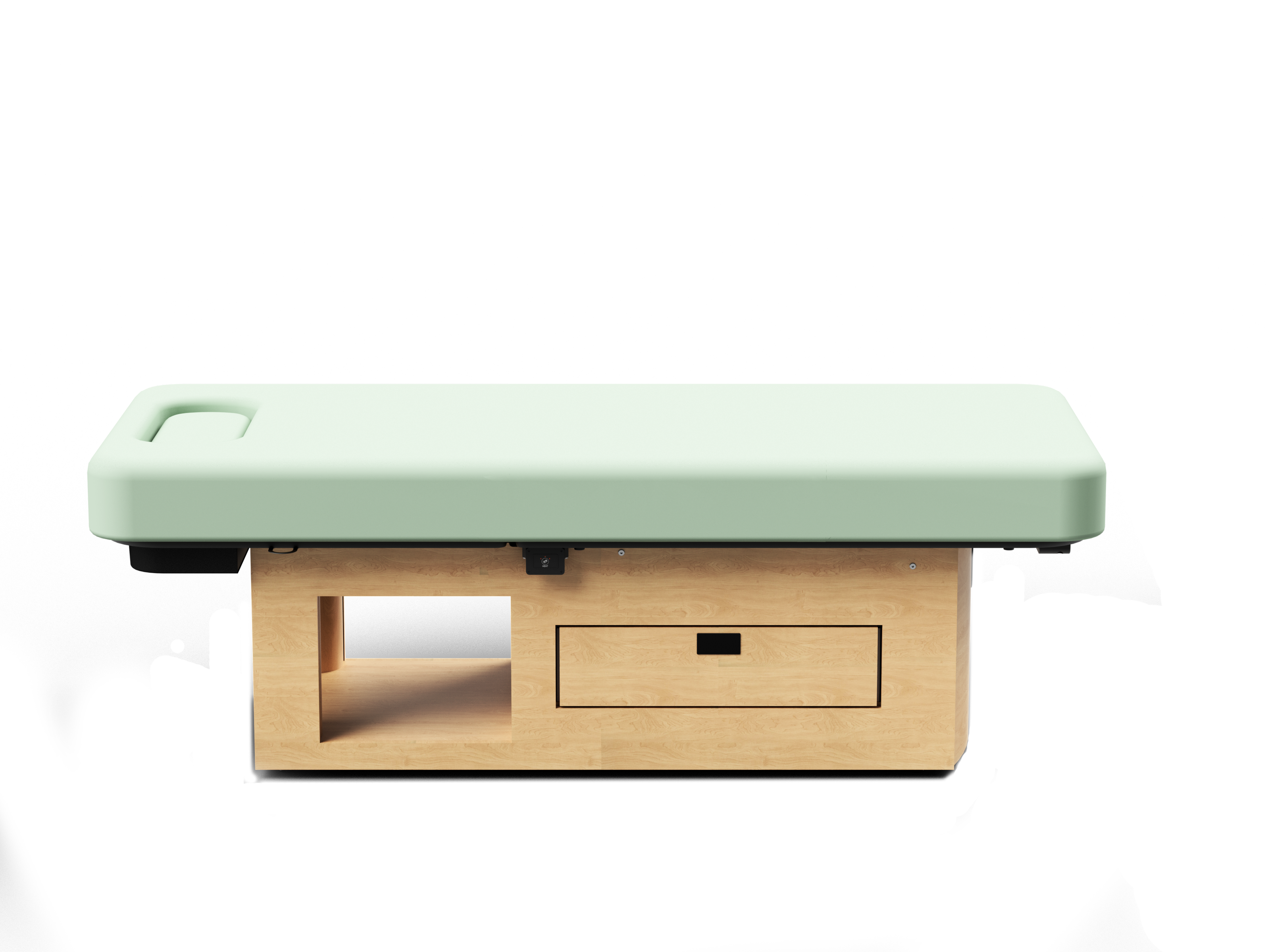 Oakworks Prema E-nvi Flat Top electric spa table with mint green cushion, drawer, and shelf.