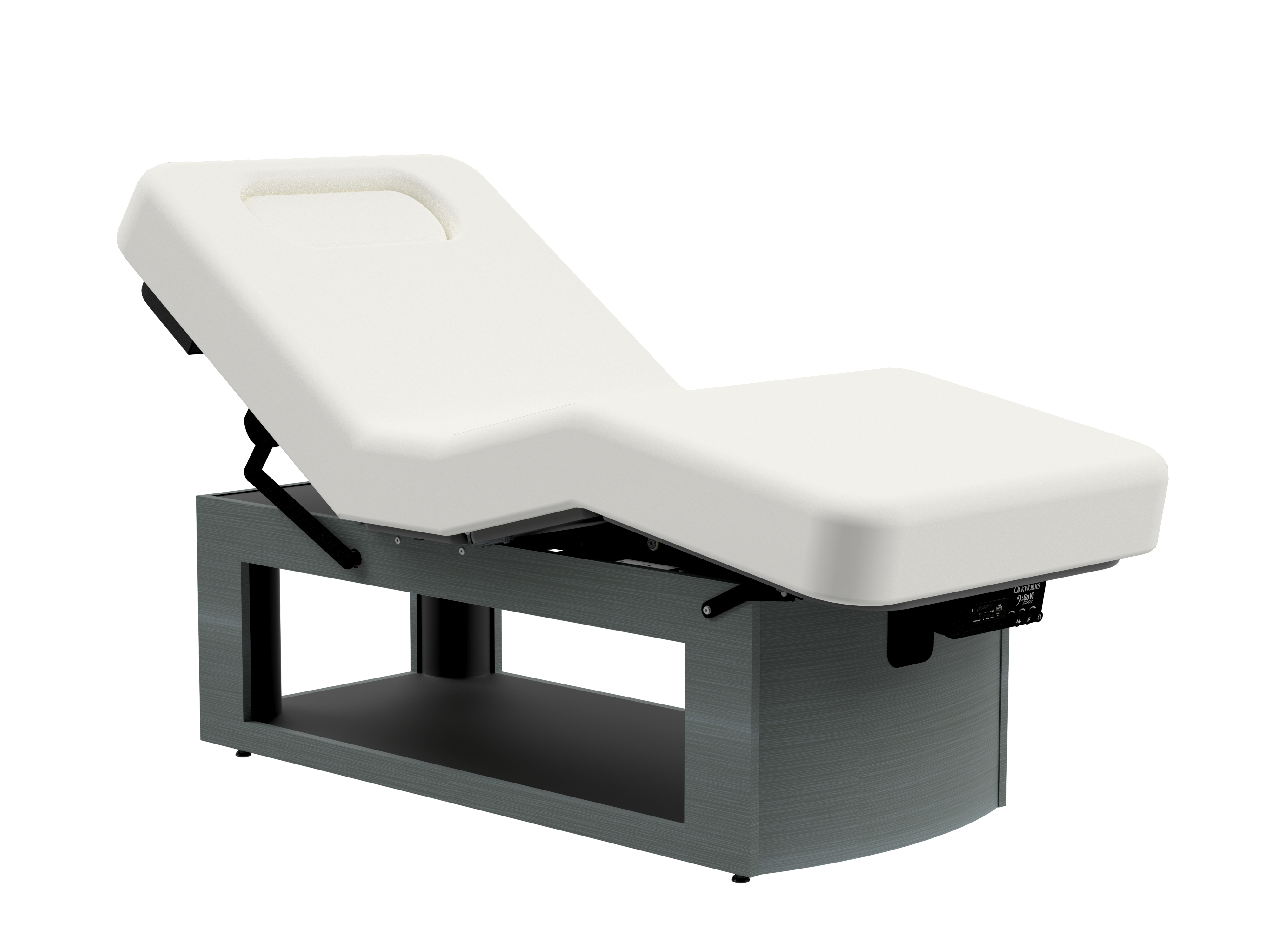 Oakworks Prema E-nvi electric spa table with white cushion and dark base for salons or spas.