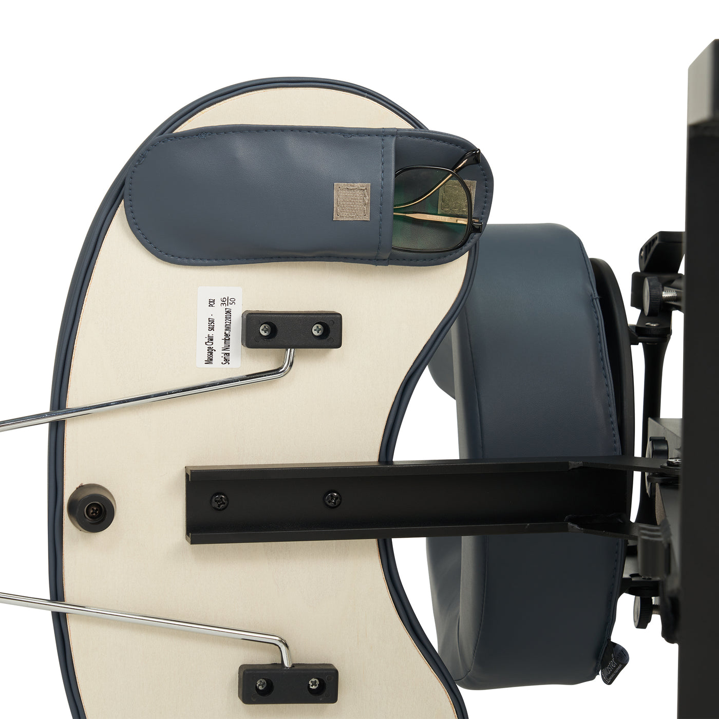 Master Massage PROFESSIONAL Chair headrest with glasses in pocket, viewed from back.