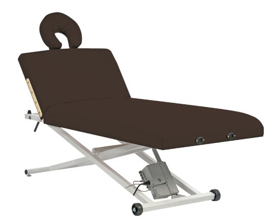 Chocolate massage table with adjustable headrest on a white background