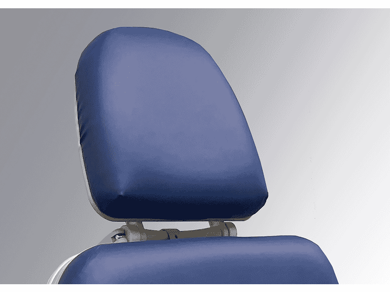 Close-up of Oakworks 3050 Series Procedure Chair's blue padded backrest and headrest, gray background.