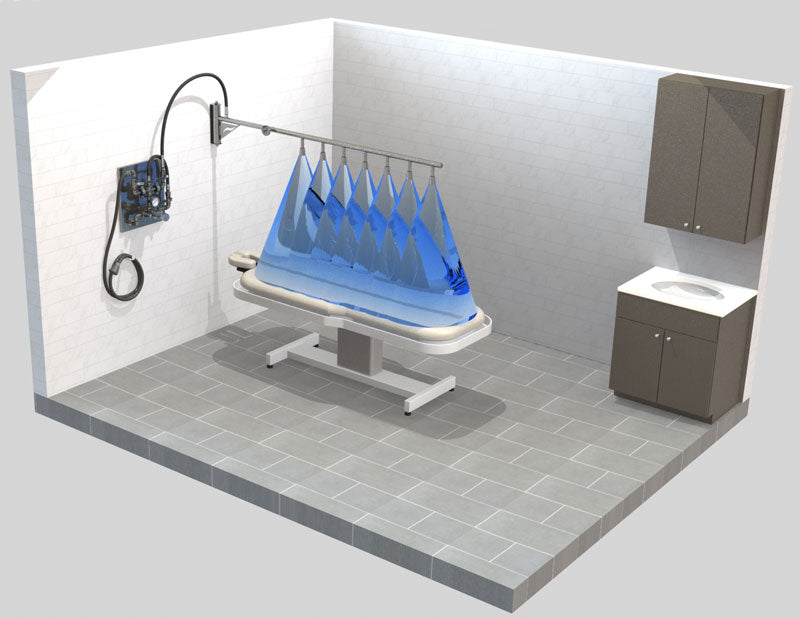 3D rendering of a small bathroom with a sink, cabinet, and vichy shower.