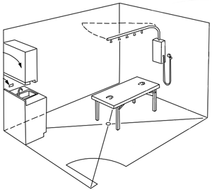 Line drawing of a Water Werks Cascade 5 Head Vichy Shower with bench, sink, and paper towel dispenser.