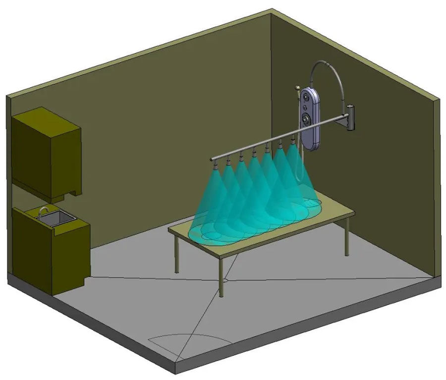 Diagram of a wet room with Water Werks Ditto 7 Head Vichy Shower spraying multiple blue cones.