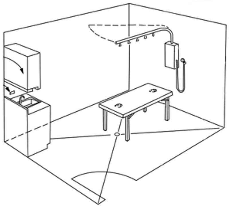 Line drawing of a room with table, sink, paper towel dispenser, and Water Werks Typhoon Vichy Shower.