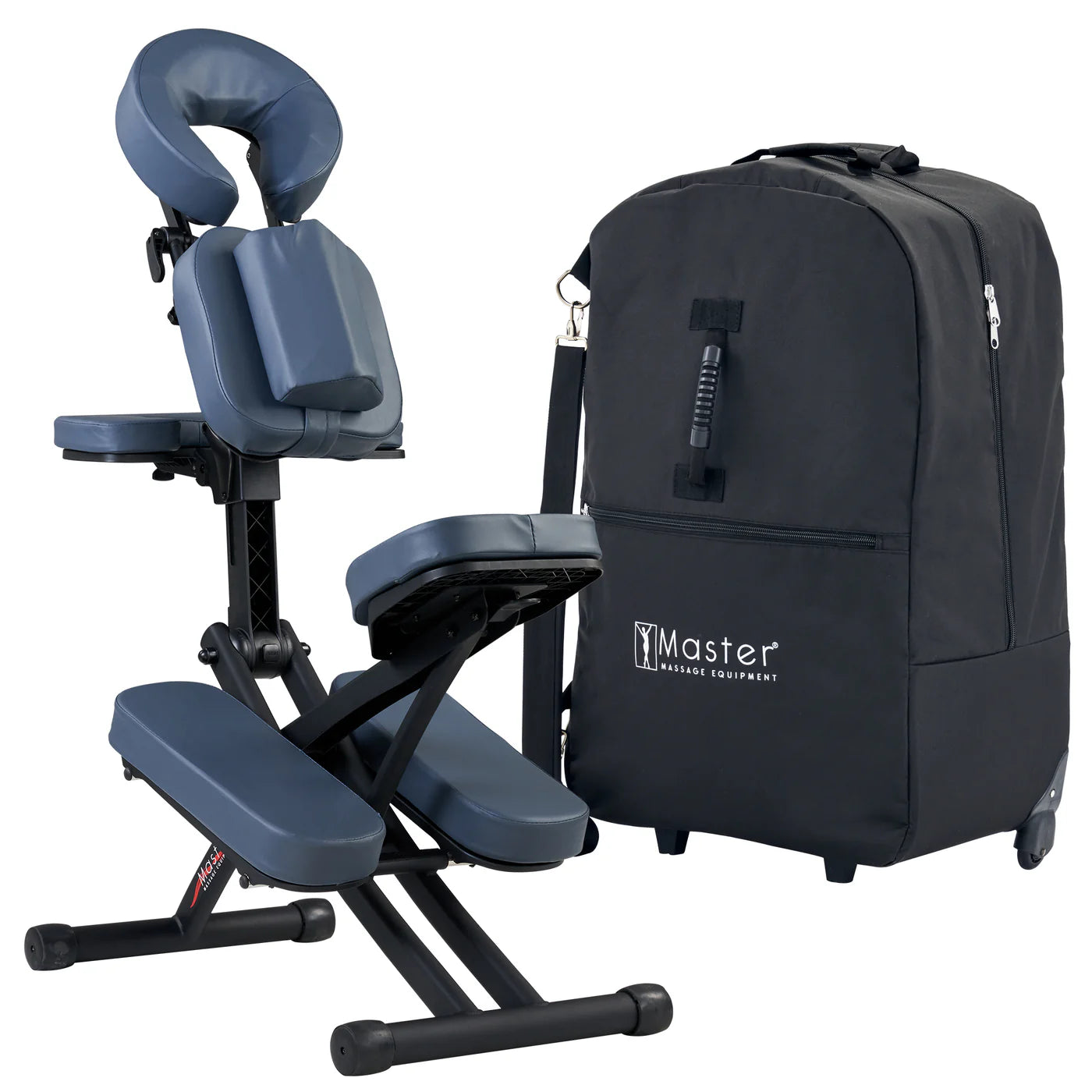 Master Massage RIO Portable Massage Chair with blue cushions and black rolling case.