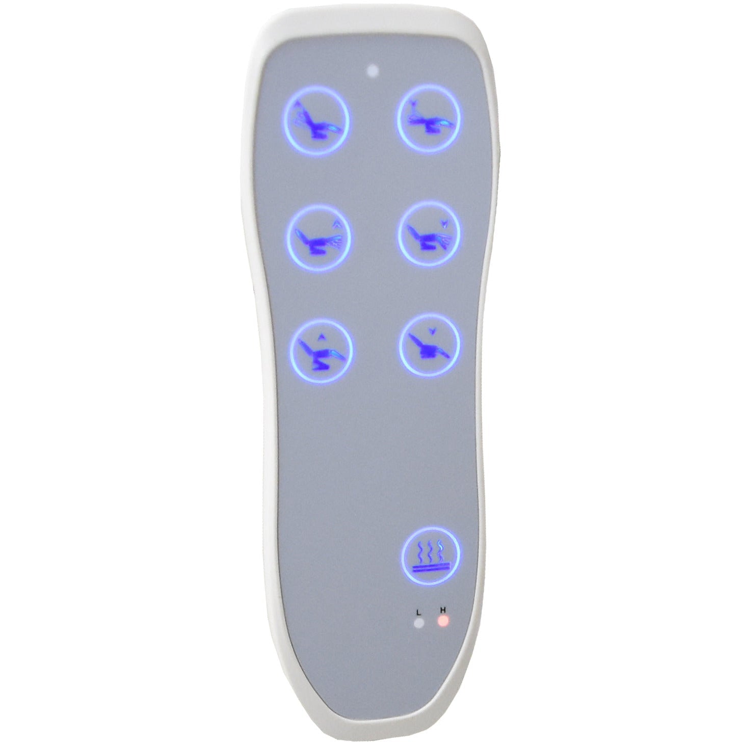 TouchAmerica MESA Table gray remote with 7 blue-lit buttons and indicator lights.