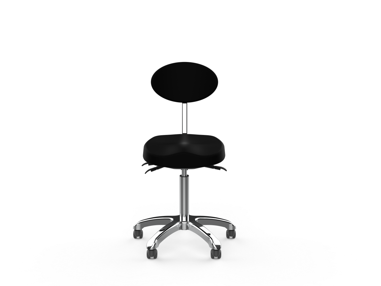 Silverfox America 1025E Beauty Stool with round backrest and five wheels, front view.