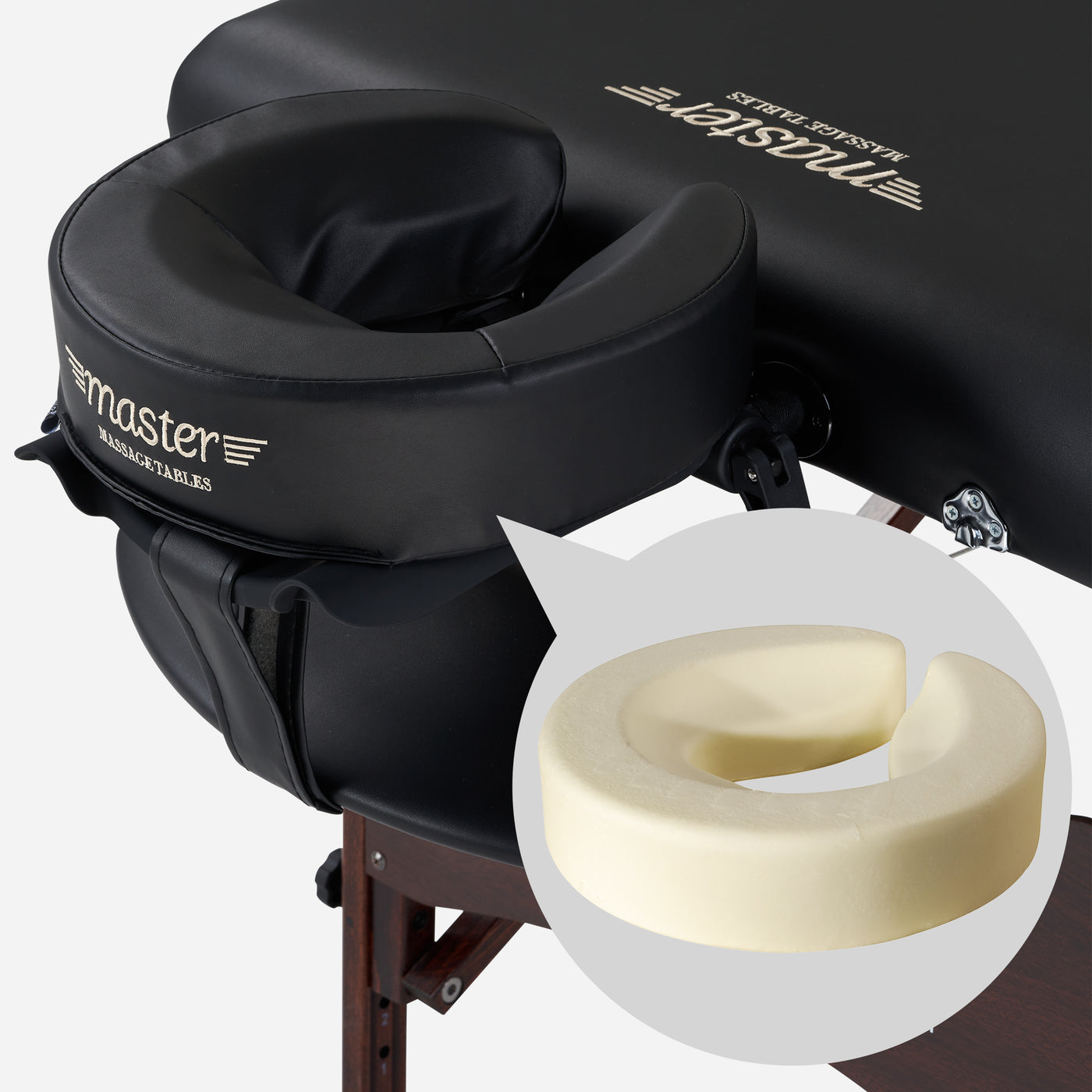 Master Massage Roma II portable table with face cradle; inset shows foam cushion.