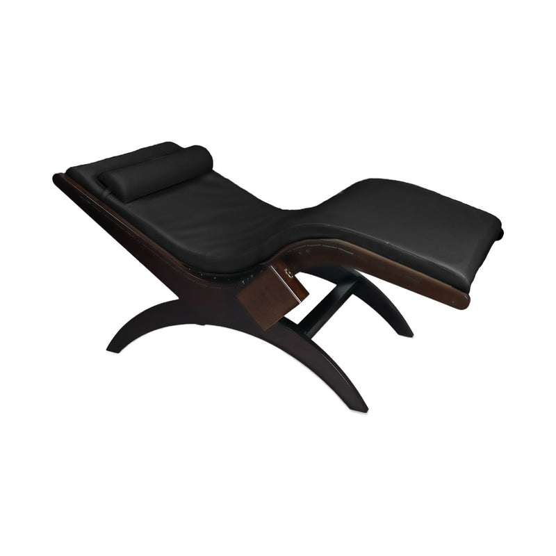 TouchAmerica S-Lounge with Sound Journey RX, black leather with curved wood base and headrest.