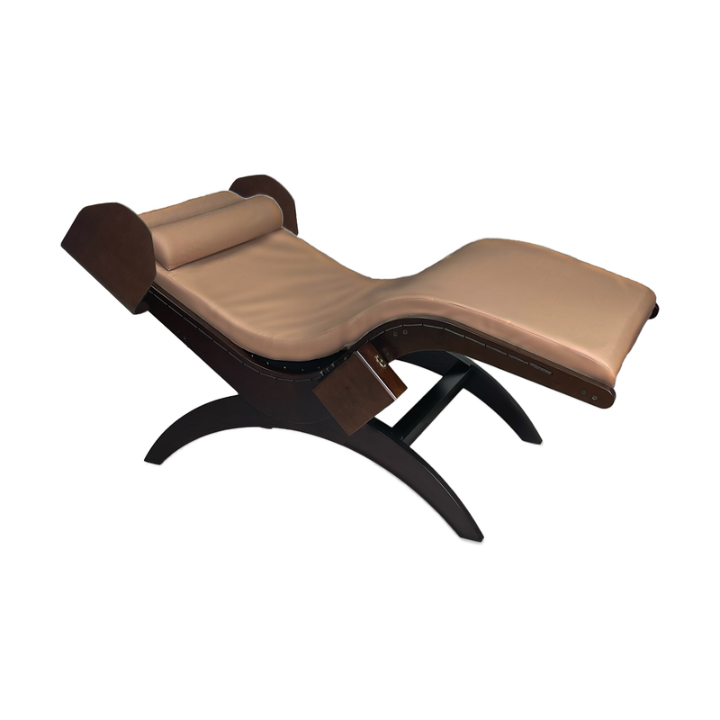 TouchAmerica S-Lounge with Sound Journey RX: brown/tan, cushioned seat, curved wood base.