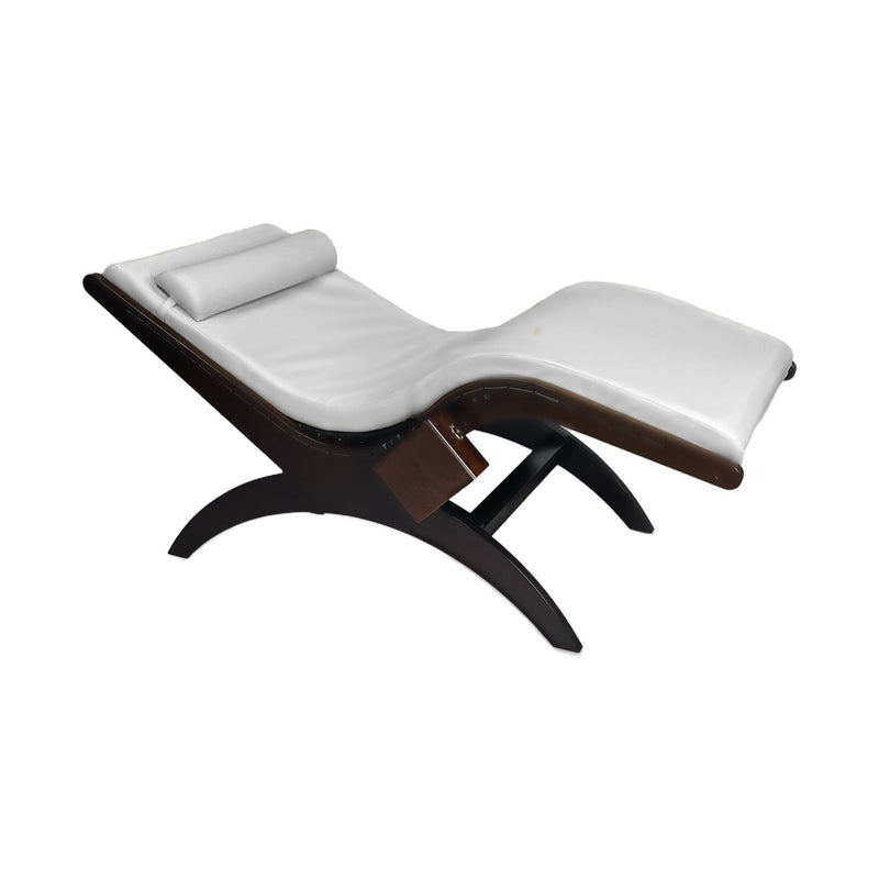 TouchAmerica S-Lounge with Sound Journey RX: modern white chaise with curved wood base, zero gravity.