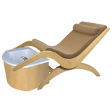 TouchAmerica's S Pedi Lounge: Reclining wooden pedicure chair with footbath and spa comfort.