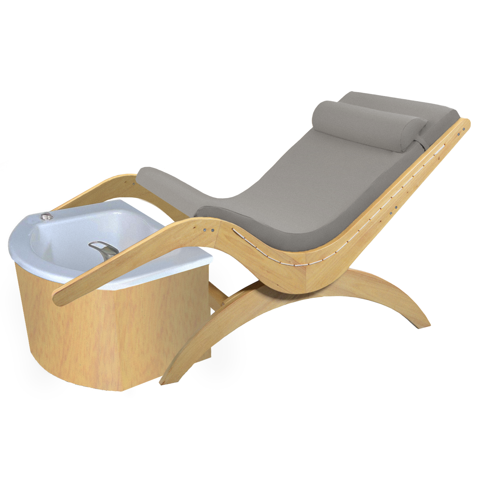 TouchAmerica S Pedi Lounge with gray cushion and electric tilt, beside a foot spa basin.