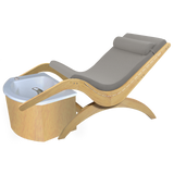 TouchAmerica S Pedi Lounge with gray cushion and electric tilt, beside a foot spa basin.