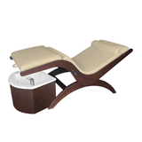 TouchAmerica S Pedi Lounge: beige chair, wooden frame, white basin, electric tilting function.