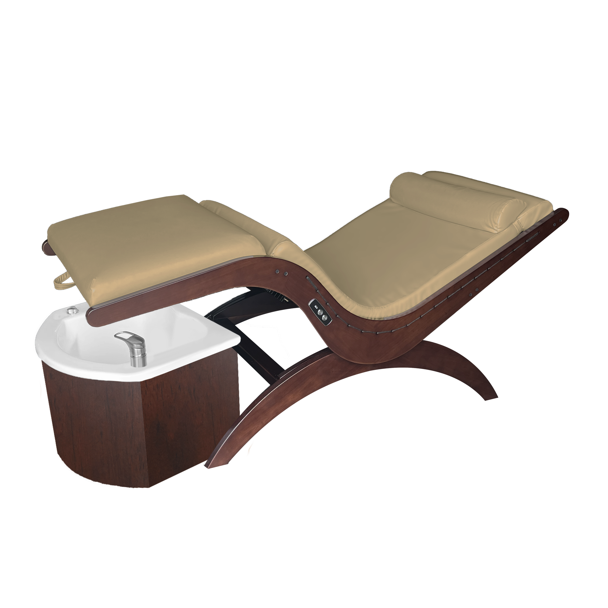 TouchAmerica S Pedi Lounge: recliner with tan cushion, foot bath, and electric tilting.