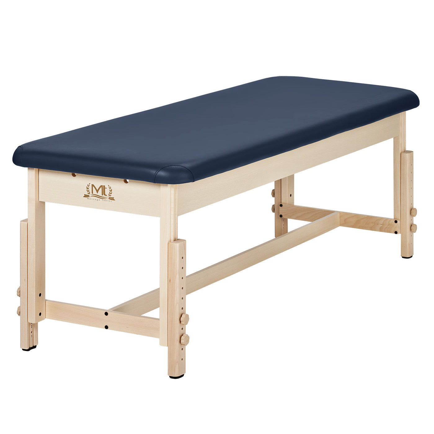 MT Massage HARVEY Stationary Table with high-density foam and blue oil- & water-resistant upholstery.