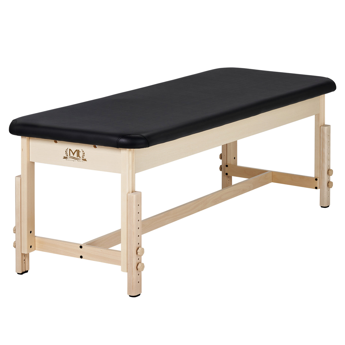 MT Massage HARVEY Stationary Table with black oil- and water-resistant upholstery and wood legs.