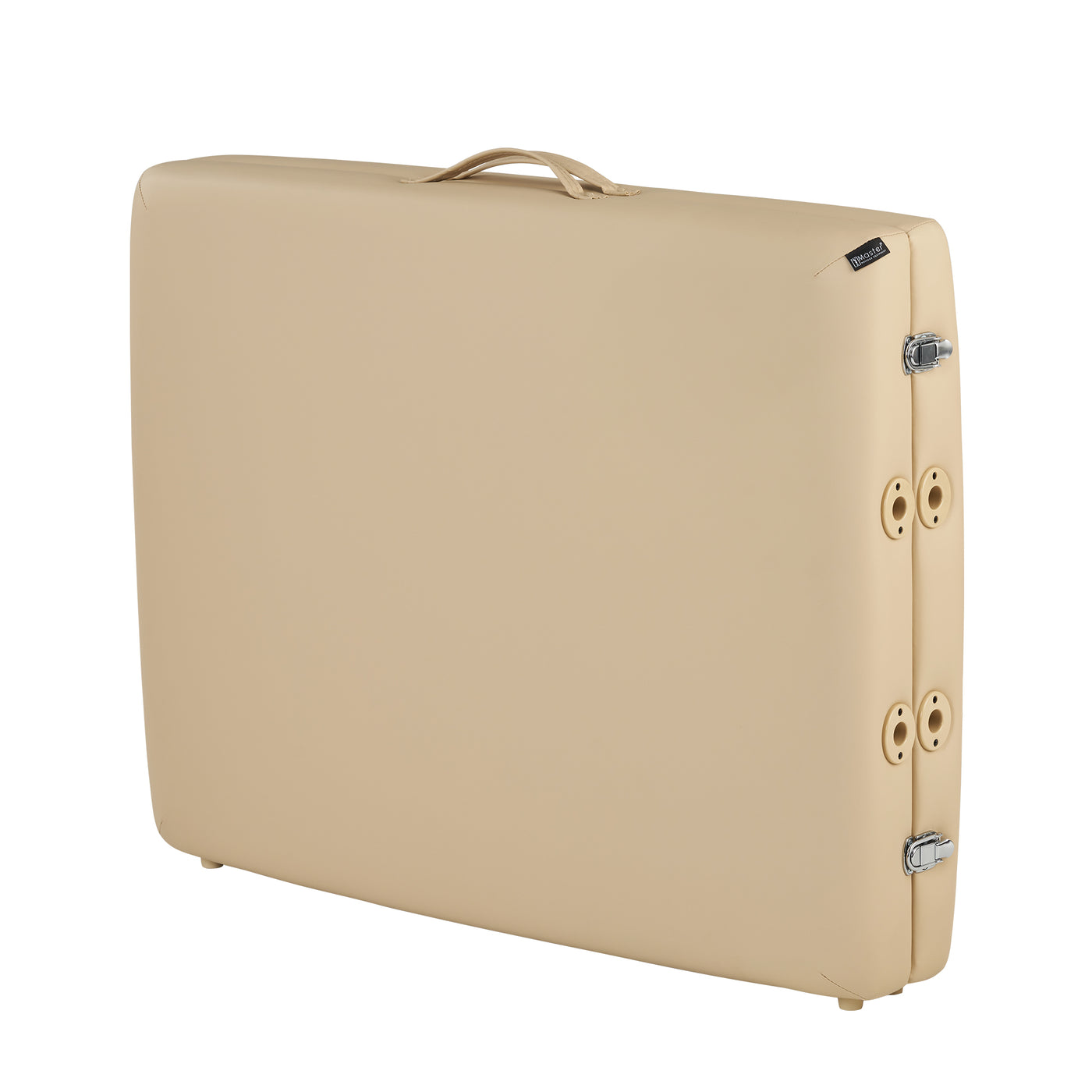 Master Massage ARGO portable massage table in cream, upright with handle and latches.