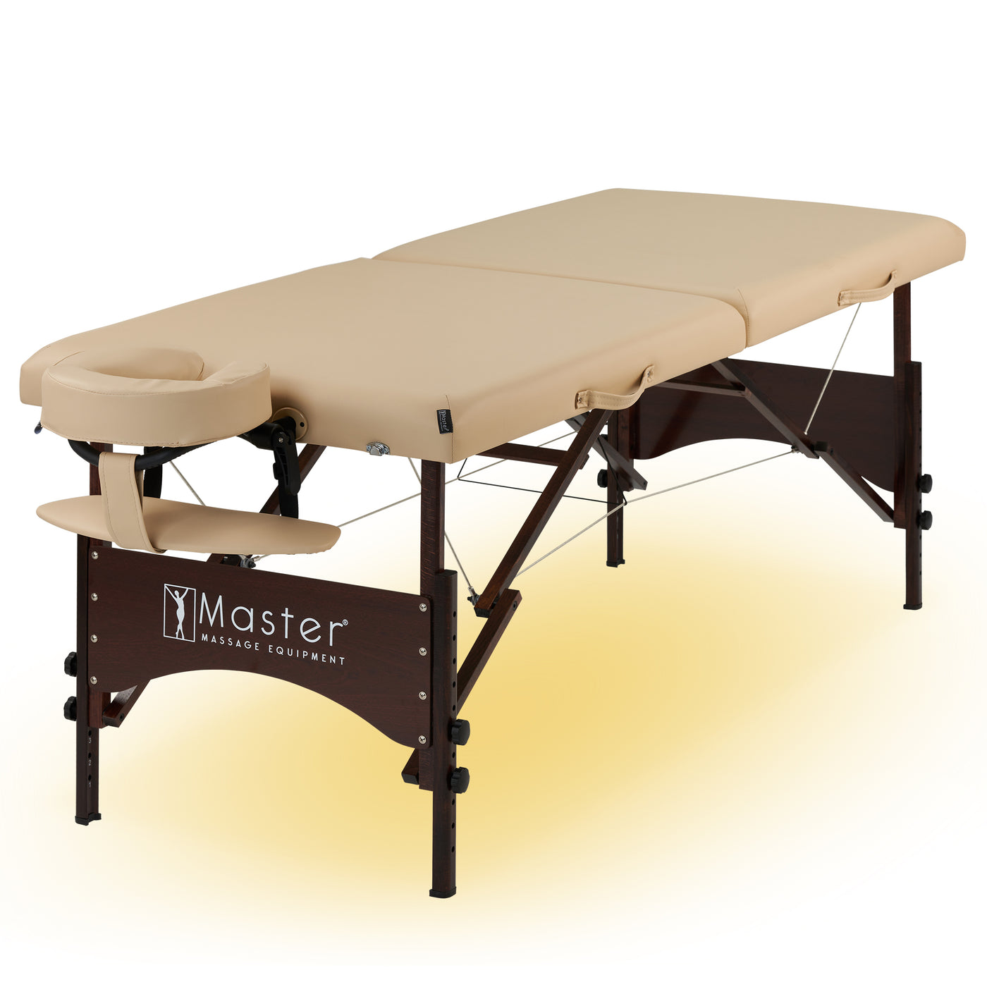 Master Massage ARGO Cream portable massage table with face cradle and wooden frame.