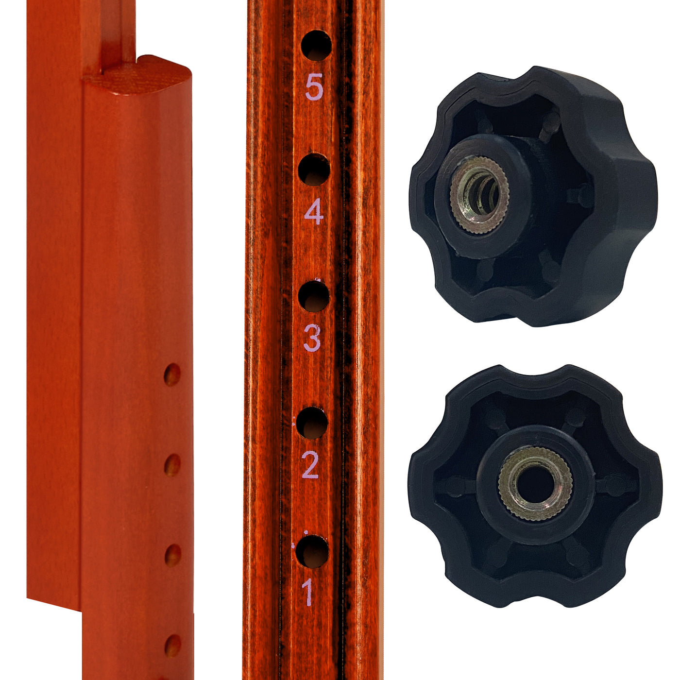 Close-up of FAIRLANE Portable Massage Table pole with numbered holes and two black knobs by Master Massage.