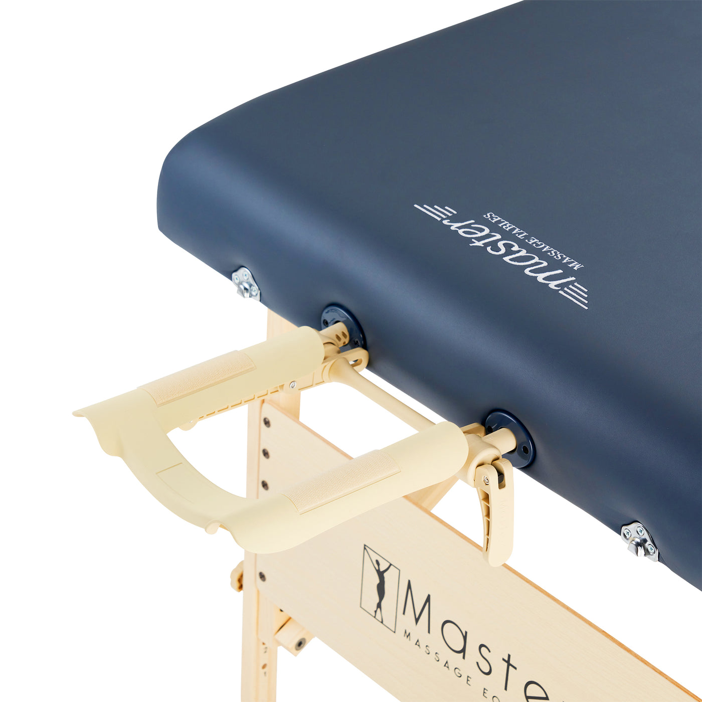 Close-up of Master Massage CORONADO table handle and corner, logo visible on tabletop.